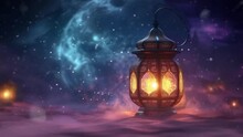 Arabic Lantern With Burning Candle Glowing Animation Looping Video Style Space Background