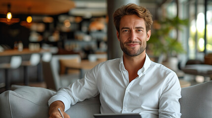 Wall Mural - Portrait of a handsome young businessman sitting on a modern sofa. Holding a digital tablet and smiling broadly at the camera