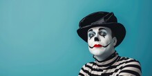 Studio Photo Of A Mime On A Blue Background. The Actor, The Model Has Black And White Striped Clothes, A Hat And A Suit, Red Lips And A White Face.