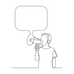 Wall Mural - Continuous single line sketch drawing of kid boy holding megaphone speaker with bubble chat. One line art of sound tool equipment vector illustration