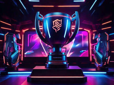 Esports Championship Arena: Winner's Trophy Center Stage, Surrounded by Competing Teams' PCs and Stylish Neon Lights