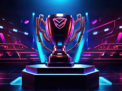 Esports Championship Arena: Winner's Trophy Center Stage, Surrounded by Competing Teams' PCs and Stylish Neon Lights