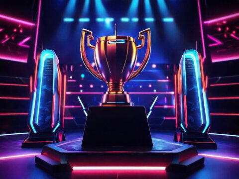 Esports Championship Arena: Winner's Trophy Center Stage, Surrounded by Competing Teams' PCs and Stylish Neon Lights
