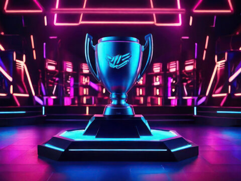 Esports Championship Arena: Winner's Trophy Center Stage, Surrounded by Competing Teams' PCs and Stylish Neon Lights