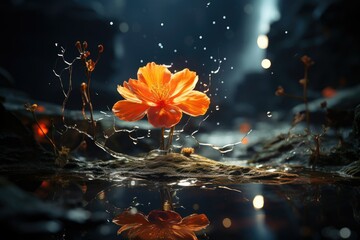 Wall Mural - Vibrant orange flower with water droplets against a dark, bokeh background.