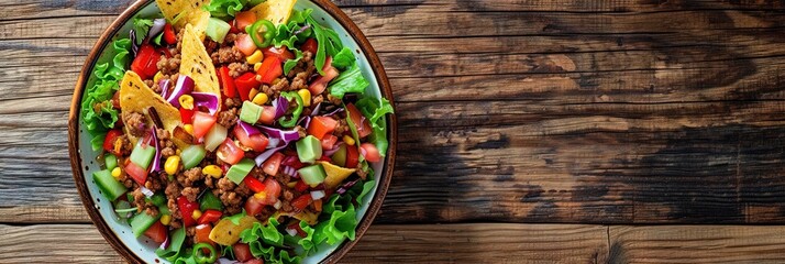 Overhead photo of a bowl of delicious taco salad on wooden table. 