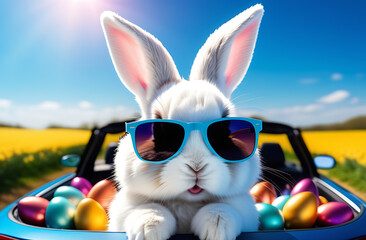 Wall Mural - Cute Easter Bunny with sunglasses looking out of a car filed with easter eggs,