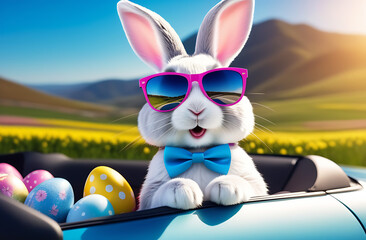 Wall Mural - Cute Easter Bunny with sunglasses looking out of a car filed with easter eggs,