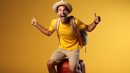 Poster - Traveling concept with happy man on yellow background.