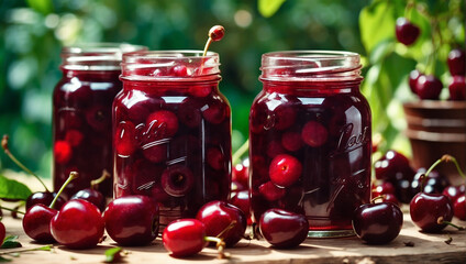 Wall Mural - Closeup of cherry  jam and fresh cherries