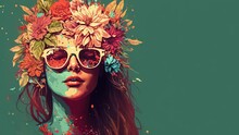 A Sunglasses Woman With Floral Headdress Spring Color Season Illustration.