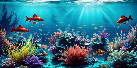 Fantastic underwater world with fish and seaweed, multicolor illustration, ai generated