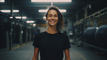 Wall Mural - woman business owner in black t-shirt standing in industrial plant