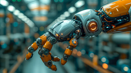 Poster - humanoid robot hand touching virtual screen. Technology and future concept