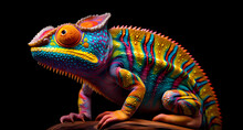 A Chameleon In Colorful Colors Is Standing On Black Background