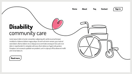 Wheelchair continuous line art drawing. Landing page template with Disability community concept.