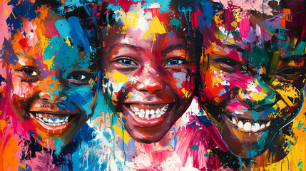 Poster - Smiling faces adorned with vibrant paint strokes --ar 16:9 --v 6 Job ID: fee03c55-90fa-483b-a511-6e0aa07fb811