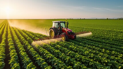 Tractor spraying pesticides fertilizer on soybean crops farm field