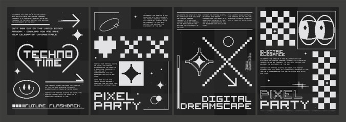Poster - Trendy y2k design style poster layout with pixel art abstract elements and shapes of heart, smile face, arrow and cartoon eyes on black background. Vector set of 2000s aesthetic banner template.