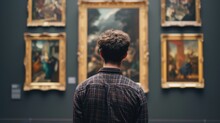 A Man Looking At Paintings In An Art Museum