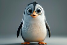 A Cartoon Penguin With A Timid Expression Standing On Ice.