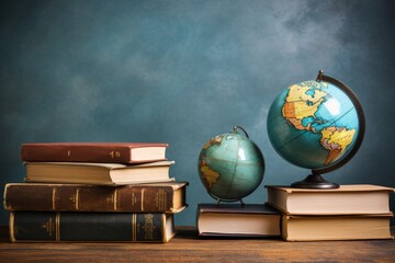 Educational supplies. globe, books, notepads, and colorful stationery on blackboard background