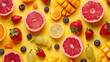 Top view of variety fruits on yellow background, Flat lay minimal fashion summer holiday concept. 
