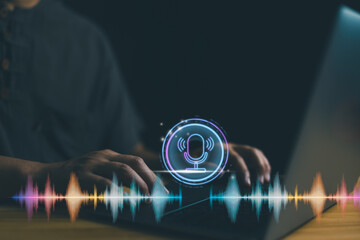 Fototapete - Voice recording. Man touching microphone icon on smartphone. Mobile application record sound, audio, music, voice message or use your voice to direct AI to search for information on Internet.