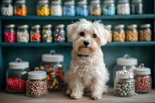 Cute White Dog Sitting In A Room Filled With Colorful Candy Jars. Perfect For Pet-friendly Content. Home Style, Sweet Environment. AI