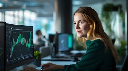 Aufkleber - Focused professional analyzing data on computer screen in modern office setting. workplace concentration. businesswoman at work. AI
