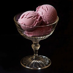 Poster - Velvety strawberry ice cream scoops in a classic glass bowl. perfect for menus and advertisements. simple yet elegant dessert. AI