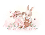 Fototapeta Dziecięca - Watercolor Illustration Cute Couple Rabbit at Garden Full of Flowers