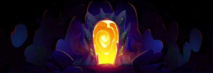 Wall Mural - magic neon glowing portal door in dark underground cave. cartoon vector illustration of dungeon land