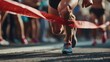 Close-up of runner's feet crossing the finish line at a race track. victory and competition concept in sports. inspiring action shot. AI
