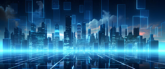 Leinwandbilder - Illustration of a modern futuristic smart city concept with abstract bright lights against a blue background. Showcases cityscape urban architecture, emphasizing a futuristic technology city concept.