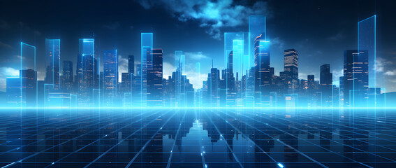 Sticker - Illustration of a modern futuristic smart city concept with abstract bright lights against a blue background. Showcases cityscape urban architecture, emphasizing a futuristic technology city concept.
