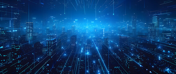 Poster - Illustration of a modern futuristic smart city concept with abstract bright lights against a blue background. Showcases cityscape urban architecture, emphasizing a futuristic technology city concept.