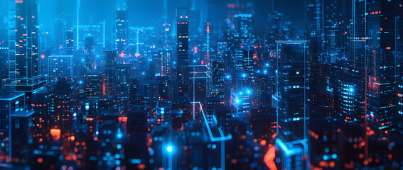 Wall Mural - Illustration of a modern futuristic smart city concept with abstract bright lights against a blue background. Showcases cityscape urban architecture, emphasizing a futuristic technology city concept.