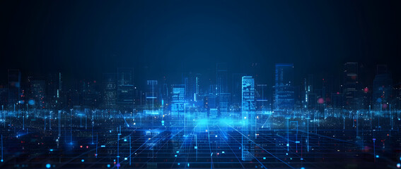 Leinwandbilder - Illustration of a modern futuristic smart city concept with abstract bright lights against a blue background. Showcases cityscape urban architecture, emphasizing a futuristic technology city concept.
