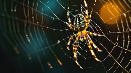 Wall Mural - a close up of a spider's web with water droplets on it's back and yellow and black stripes on it's f