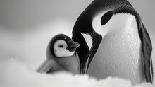  A Black And White Photo Of A Penguin With A Baby Penguin In It's Lap, In The Middle Of The Picture Is A Black And White Background Is A Black And White Background.