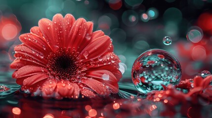 Wall Mural -  a red flower sitting on top of a puddle of water next to a drop of water on top of a red flower next to a drop of water on top of water.