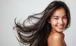 © A_visual - Portrait of a beautiful woman with a bright smile, hair is a beautiful black color, shampoo advertising concept Hair conditioner and cosmetic products,Generative AI