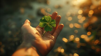  a person's hand holding a four leaf clover in front of a blurry image of a body of water and the sun shining on the water in the background.