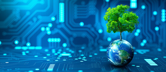 Tree growing on Earth with abstract blue background. Environmental Technology, Earth day, Energy saving, Environmentally friendly, csr, and IT ethics Concept. Elements furnished by NASA.