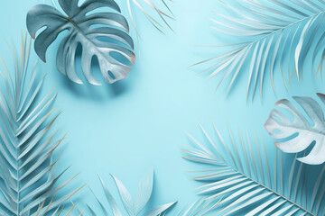 Wall Mural - Top view tropical tree leaves on pastel blue  background, Flat lay Minimal fashion summer holiday vacation concept