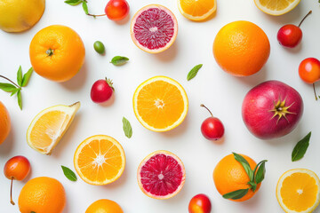 Wall Mural - Top view of variety fruits on white background, Flat lay minimal fashion summer holiday concept.