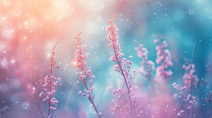 Poster -  a close up of some pink flowers on a blue and pink background with a blurry image of the flowers in the foreground and a blurry sky in the background.