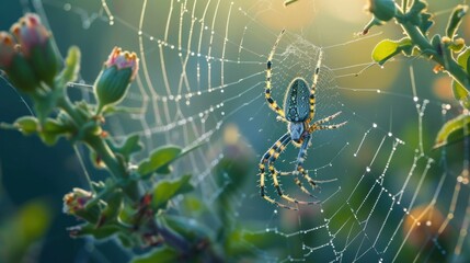 Wall Mural - a close up of a spider on a web in the middle of a plant with drops of dew on the spider's web in th