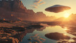 UFO hovering over desert landscape at sunset.